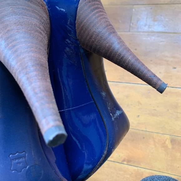 BCBG Patent Leather Blue Peep Toe Heels - Picture 4 of 6